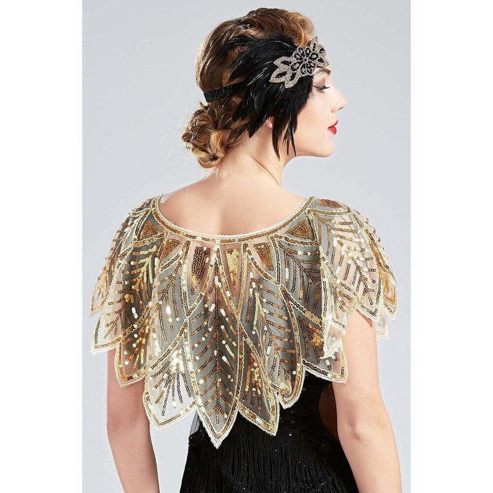 Sequin Beaded Evening Cape Bridal Shawl 1920s Style Flapper Cover Up - Picture 4 of 7